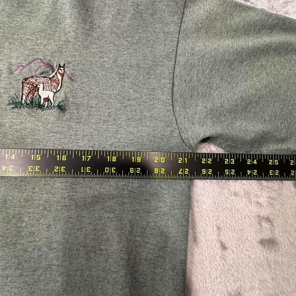 Vintage 90s Single Sports Green Grey Llama in Mountains Embroidered Tshirt L - Picture 7 of 7